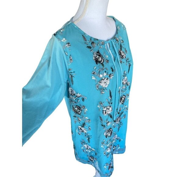 Skye's The Limit Top Blouse Plus S 1X Blue Mesh Floral Embroidery Long Sleeve - Picture 3 of 10